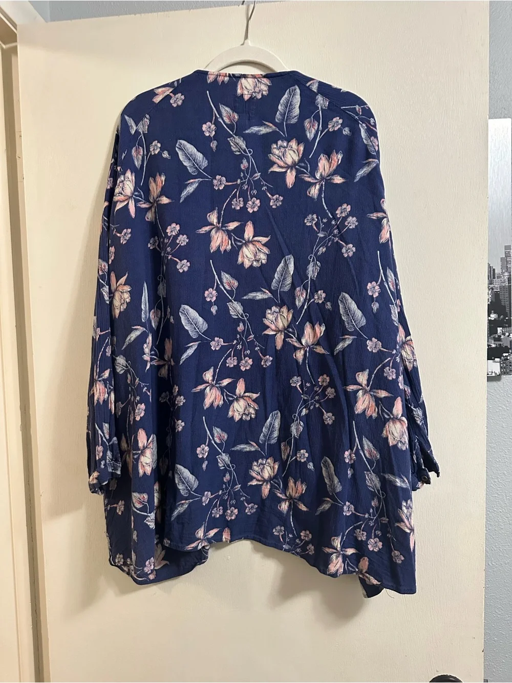 Floral Open-Front Kimono - Navy with Pink & Cream Blooms - Picture 2 of 3